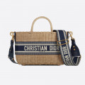 Christian Dior Wicker Basket Shoulder Bag Blue Oblique