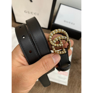 Gucci Black Leather 20mm Belt With Pearl Double G