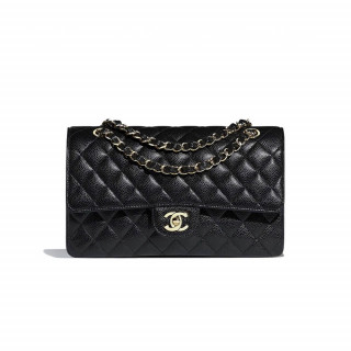 Chanel Black Caviar Rectangular Flap Bag with Light Gold Hardware