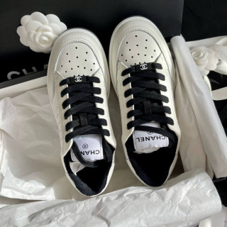 Chanel Grained Calfskin Fabric Logo Sneakers White Black