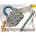 Lady Dior Mini Azure Blue Honeycomb Embroidery Bag With Two-Tone Thread And Rhinestones