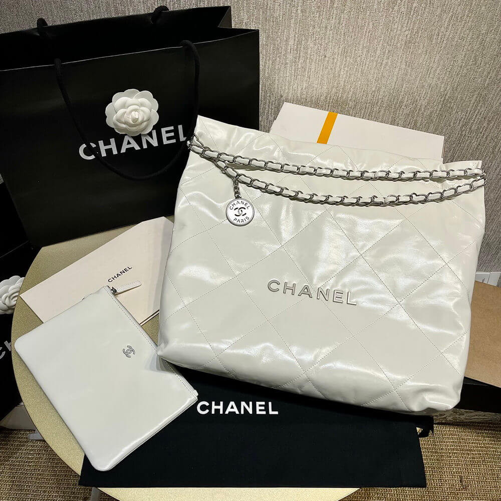 Chanel 22 Small Handbag Shiny Calfskin White Silver