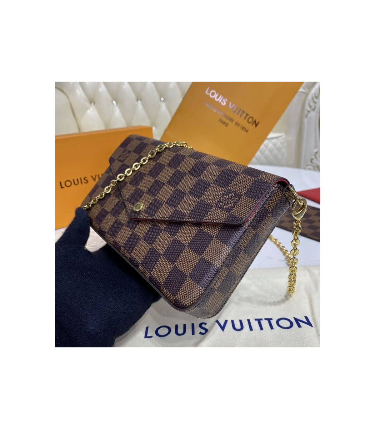 Louis Vuitton N63106 Pochette Félicie 鏈條單肩包手拿包白格帆布尺寸